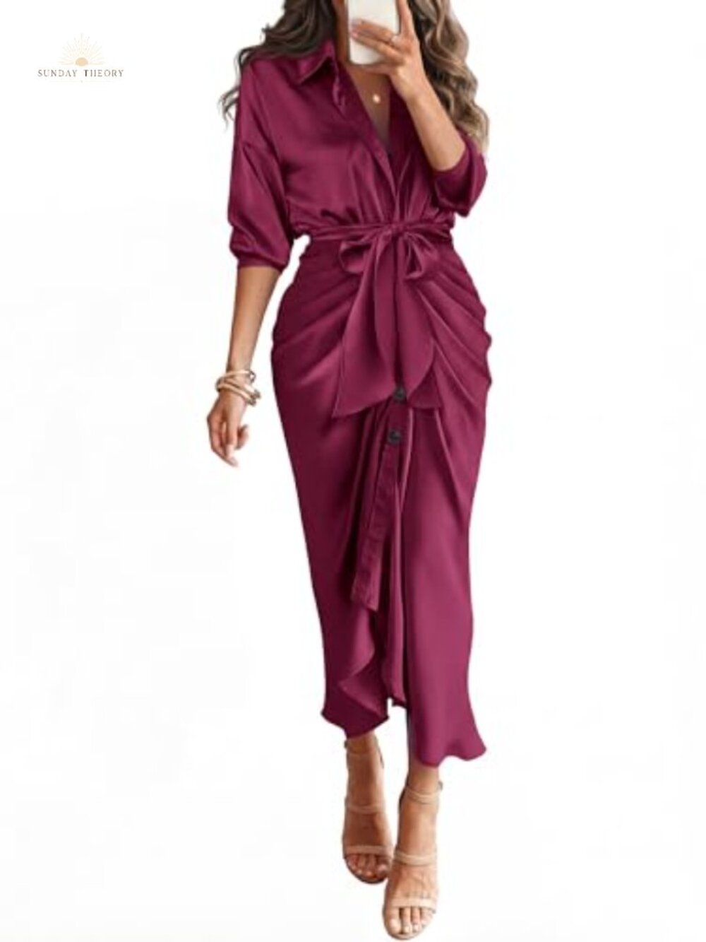 Satin Button Down Maxi Shirt Dress Long Sleeve Tie Waist Ruched